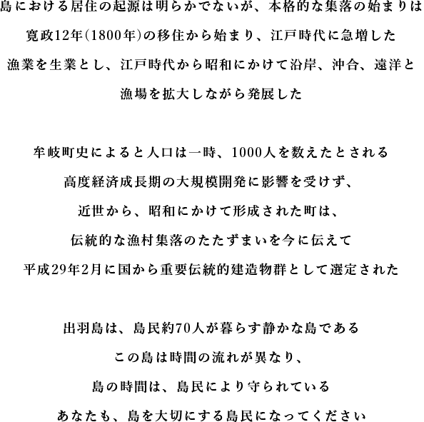 島における居住の起源は明らかでないが、本格的な集落の始まりは寛政12年(1800年)の移住から始まり、江戸時代に急増した。漁業を生業とし、江戸時代から昭和にかけて沿岸、沖合、遠洋と漁場を拡大しながら発展した。牟岐町史によると人口は一時、1000人を数えたとされる。高度経済成長期の大規模開発に影響を受けず、近世から、昭和にかけて形成された町は、伝統的な漁村集落のたたずまいを今に伝えている。出羽島は、島民約70人が暮らす静かな島です。この島は時間の流れが違います。島の時間は、島民により守られています。あなたも、島を大切にする島民になってください。